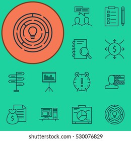 Set Of 12 Project Management Icons. Can Be Used For Web, Mobile, UI And Infographic Design. Includes Elements Such As Computer, Money, Innovation And More.