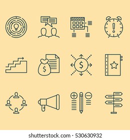 Set Of 12 Project Management Icons. Can Be Used For Web, Mobile, UI And Infographic Design. Includes Elements Such As Report, Growth, Money And More.