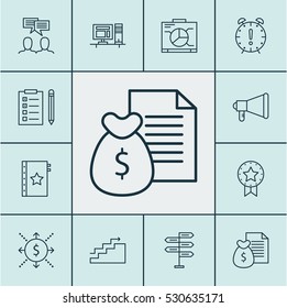 Set Of 12 Project Management Icons. Can Be Used For Web, Mobile, UI And Infographic Design. Includes Elements Such As Warranty, Reminder, Announcement And More.