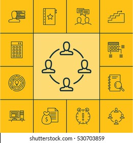 Set Of 12 Project Management Icons. Can Be Used For Web, Mobile, UI And Infographic Design. Includes Elements Such As Collaboration, Report, Time Management And More.