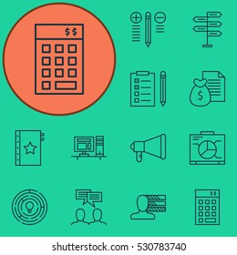 Set Of 12 Project Management Icons. Can Be Used For Web, Mobile, UI And Infographic Design. Includes Elements Such As Report, Computer, Personal Skills And More.