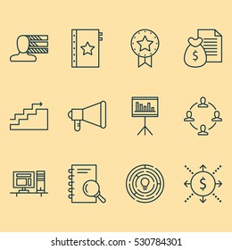 Set Of 12 Project Management Icons. Can Be Used For Web, Mobile, UI And Infographic Design. Includes Elements Such As Report, Innovation, Warranty And More.