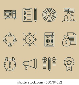 Set Of 12 Project Management Icons. Can Be Used For Web, Mobile, UI And Infographic Design. Includes Elements Such As Discussion, Computer, Present Badge And More.