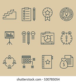 Set Of 12 Project Management Icons. Can Be Used For Web, Mobile, UI And Infographic Design. Includes Elements Such As Report, Present Badge, Growth And More.