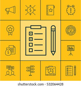 Set Of 12 Project Management Icons. Can Be Used For Web, Mobile, UI And Infographic Design. Includes Elements Such As Opportunity, Report, Board And More.