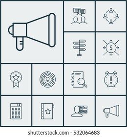 Set Of 12 Project Management Icons. Can Be Used For Web, Mobile, UI And Infographic Design. Includes Elements Such As Present Badge, Analysis, Investment And More.