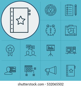 Set Of 12 Project Management Icons. Can Be Used For Web, Mobile, UI And Infographic Design. Includes Elements Such As Schedule, Time Management, Computer And More.