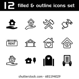 Set of 12 property filled and outline icons such as home care, holding document, home, hummer, home with heart, house sale, rent tag, house insurance, wrench hummer