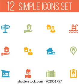Set Of 12 Property Icons Set.Collection Of Broker, Home, Hypothec And Other Elements.