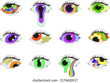 A set of 12 psychedelic eyes. vector illustration isolated on a white background.