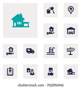 Set Of 12 Real Icons Set.Collection Of Hypothec, Real Estate Agent, Option And Other Elements.
