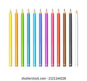 Set of 12 realistic colorful pencil. Color pencils isolated on white background. Back to school items. Template design for presentation, publications, education.