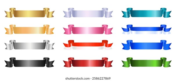 Set of 12 Realistic different color award ribbon, luxury labels, badges premium quality certificate ribbons. Vector of various shapes. Collection of Different Empty color Ribbon, Label Design for text