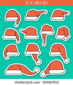 Set of 12 red doodle hats sticker Santa Claus. Template Christmas hat for design, decorating cards and collages.
