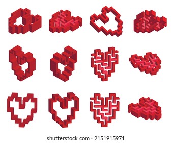 Set of 12 red isometric hearts. Half of them with a simple labyrinth inside. Vector 3d modern style rectangular symbols of love  isolated on white background. Useful for logos, icons, etc.