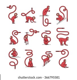 Set of 12 red monkeys isolated on white background. Pour a thin black line,  hipster. It can be used to print labels, stickers, prints, posters.