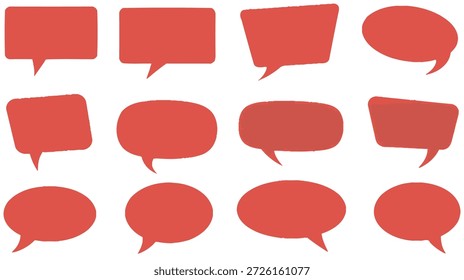Un conjunto de 12 burbujas de voz rojas con diferentes Formas y tamaños, todas con un puntero de voz