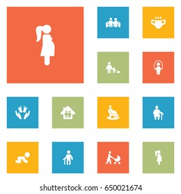 Set Of 12 Relatives Icons Set.Collection Of Grandpa, Rocking Chair, Creep Baby Elements.