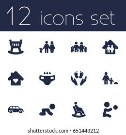 Set Of 12 Relatives Icons Set.Collection Of Nappy, Cot, Creep Baby And Other Elements.