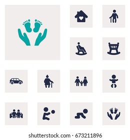Set Of 12 Relatives Icons Set.Collection Of Grandma , Rocking Chair, Playing Elements.