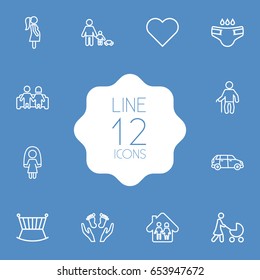Set Of 12 Relatives Outline Icons Set.Collection Of Soul, Diaper, Car And Other Elements.
