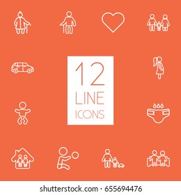 Set Of 12 Relatives Outline Icons Set.Collection Of Pregnant Woman, Grandfather, Couple Elements.