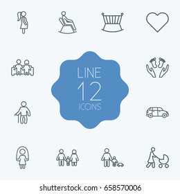 Set Of 12 Relatives Outline Icons Set.Collection Of Care, Car, Pregnant Woman And Other Elements.