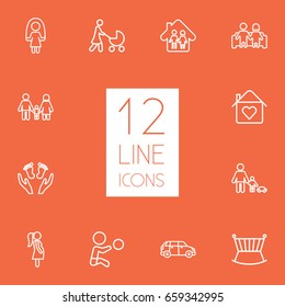 Set Of 12 Relatives Outline Icons Set.Collection Of Care, Car, Pregnant Woman And Other Elements.