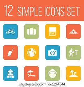 Set Of 12 Relax Icons Set.Collection Of Palm, Suitcase, Bike And Other Elements.
