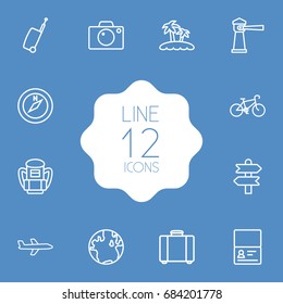 Set Of 12 Relax Outline Icons Set.Collection Of Lighthouse, Airplane, Compass And Other Elements.
