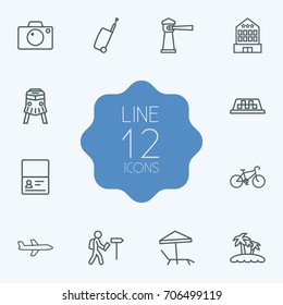 Set Of 12 Relax Outline Icons Set.Collection Of Bag, Lighthouse, Front View Tram And Other Elements.