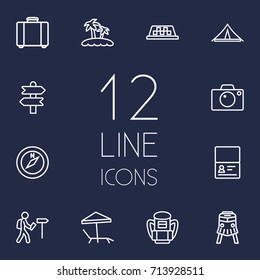 Set Of 12 Relax Outline Icons Set. Collection Of Front View Tram, Compass, Awning And Other Elements.