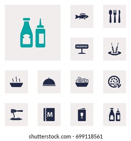 Set Of 12 Restaurant Icons Set. Collection Of Book, Alcohol, Pepperoni And Other Elements.