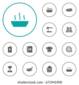 Set Of 12 Restaurant Icons Set.Collection Of Book, Cook, Vermicelli And Other Elements.