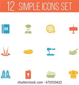 Set Of 12 Restaurant Icons Set.Collection Of Meat, Cook, Grill And Other Elements.