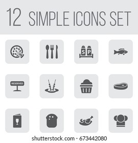 Set Of 12 Restaurant Icons Set.Collection Of Meat, Tuna, Baguette And Other Elements.