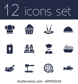 Set Of 12 Restaurant Icons Set.Collection Of Canape, Muffin, Vermicelli And Other Elements.