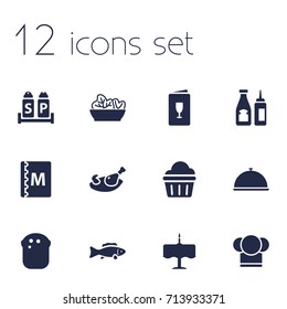 Set Of 12 Restaurant Icons Set.Collection Of Condiments, Tray, Catsup And Other Elements.