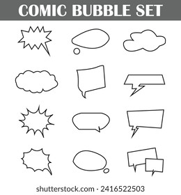 Set of 12 Retro empty comic bubbles and elements set with black halftone shadows on transparent background. Vector illustration, vintage design, pop art style. eps file 2.
