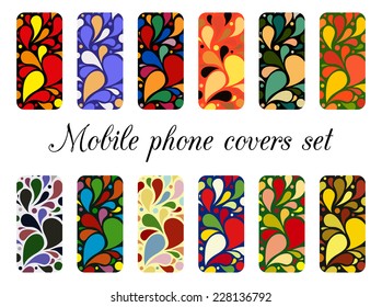 Set of 12 retro varicolored mobile phone covers. Decals for cell phones. Vector illustration. 