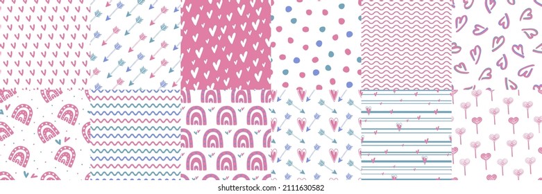 Set of 12 romantic seamless patterns with hand drawn  hearts, design elements. Perfect for wedding invitations, greeting cards, scrapbooking, print, gift wrap. Valentine's day. Vector illustrations.