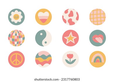 Set of 12 round icons isolated on white background. Highlights for stories in a trendy retro groovy style. Yellow and pink elements: flower, star, world, yin yang, rainbow, world, lips and more.