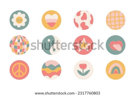 Set of 12 round icons isolated on white background. Highlights for stories in a trendy retro groovy style. Yellow and pink elements: flower, star, world, yin yang, rainbow, world, lips and more.