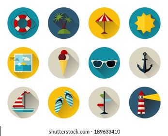 Set of 12 round icons with long flat shadow. Sea summer icons for your design isolated on white background.