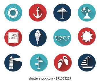 Set of 12 round icons with long flat shadow. Sea summer icons for your design isolated on white background. White silhouettes on colored icons.