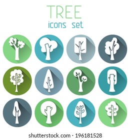 Set of 12 round icons with long flat shadow. White tree silhouettes on coloured circles for your design. Isolated on white background.