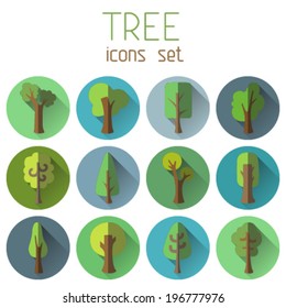 Set of 12 round icons with long flat shadow. Various trees on coloured circles for your design. Isolated on white background.