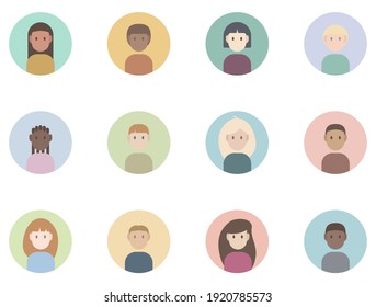 Set of 12 round minimalist avatars. Circular profile picture icons. Multiethnic characters.