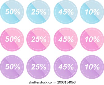 A set of 12 round price tags. Amount of discount. Sale in the store. Modern vector graphics. Simple sticker design.