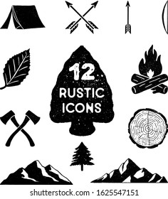 Set of 12 rustic, nature icons. Hand drawn with vintage textures.